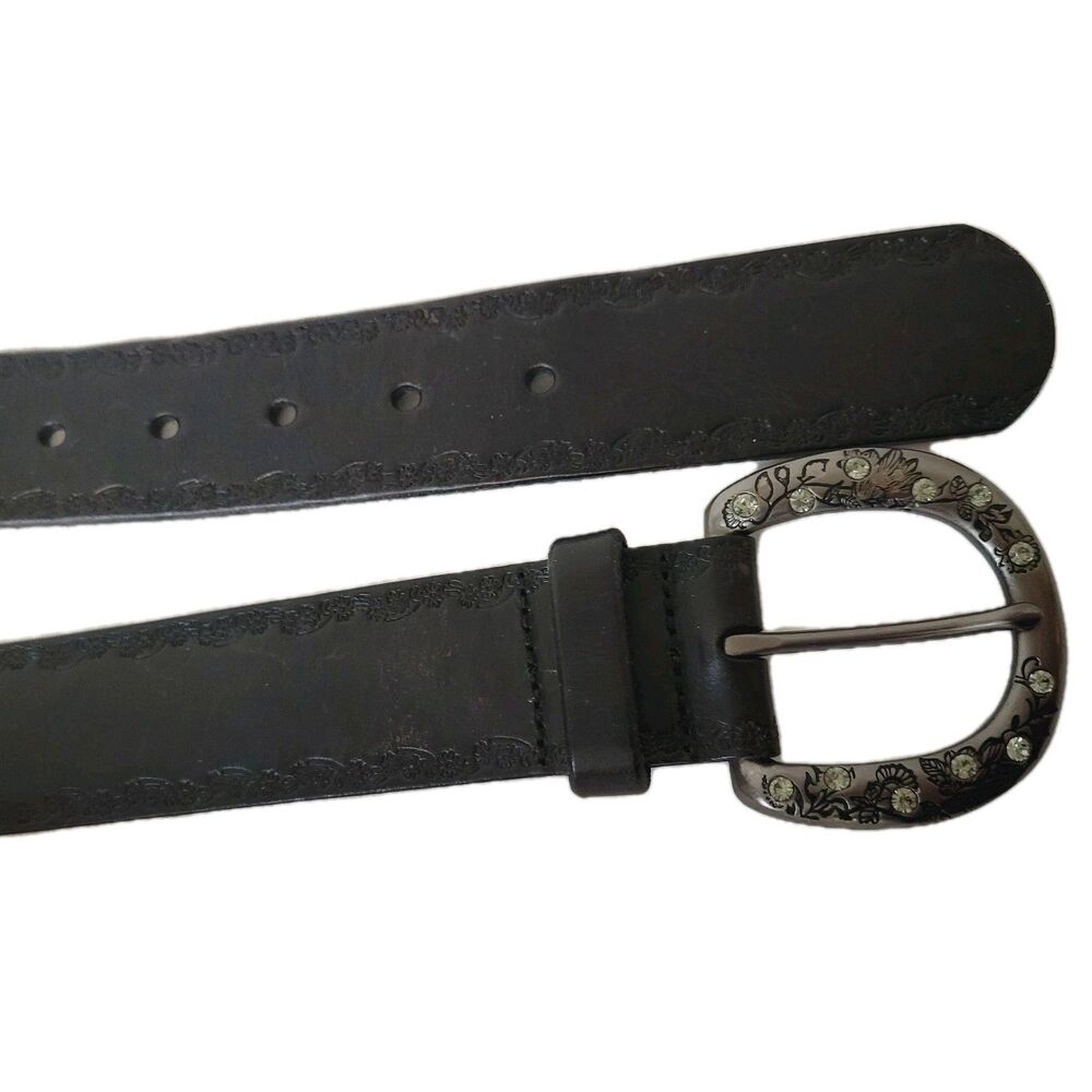 Vtg Boho Fossil Leather Black Embossed Bejeweled Buckle Women Belt Sz L - Picture 3 of 11